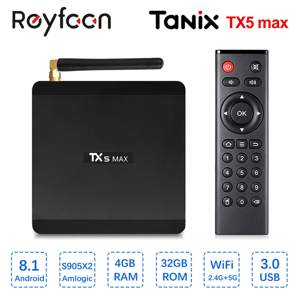 

Android 8.1 TV Box 4GB 32GB TX5 Max Amlogic S905X2 Quad Core X2 Dual Wifi Bluetooth 1000M H.265 4K Media Player Smart Tanix TX5