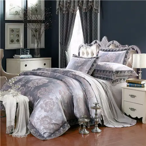 Us 63 07 49 Off Gold Silver Coffee Jacquard Luxury Bedding Set Queen King Size Stain Bed Set 4pcs Cotton Silk Lace Duvet Cover Bed Sheet Sets In