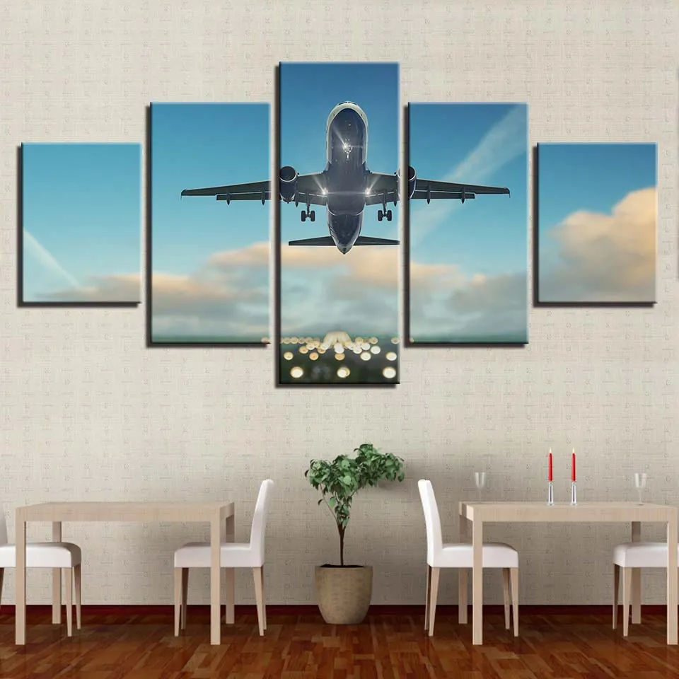 

Creative Five Pieces Landscape Aircraft Canvas Oil Printings Painting Home Wall Decor Framed Modern Space Art For Living Room