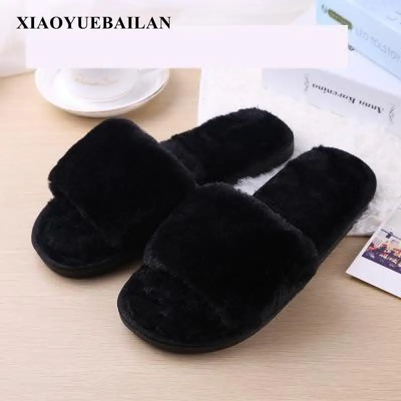 

New Autumn And Winter Home, Word Drag, Fluffy Slippers, Women's Flat Plush, Out Of The Anti Slip Indoor Cotton Slippers