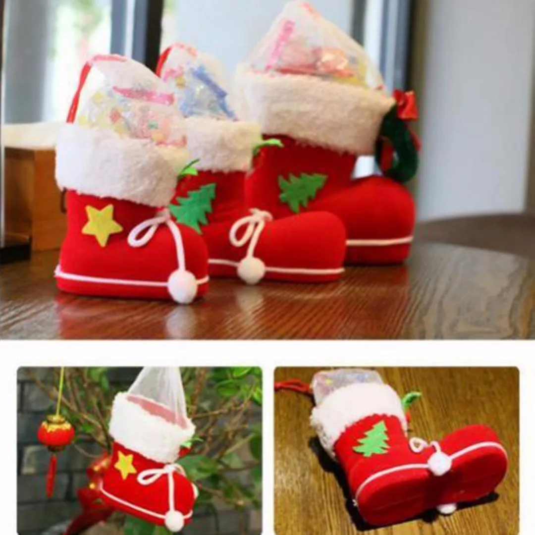 S/M/L Red Christmas Flocking Boots Socks Candy Box Christmas Tree Decoration Home Ornaments Laser Package Supplies