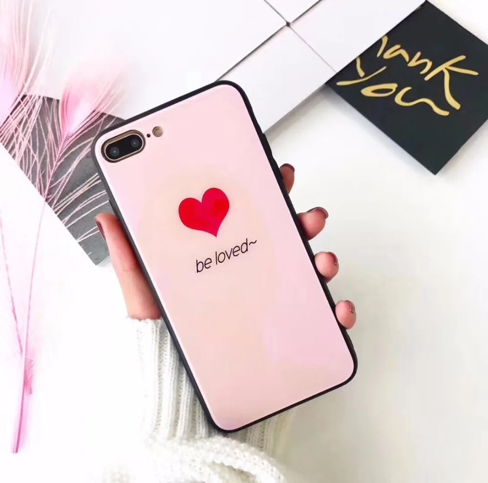 Lovely hard glass pink phone case for iphone x 6 6s plus cute letter