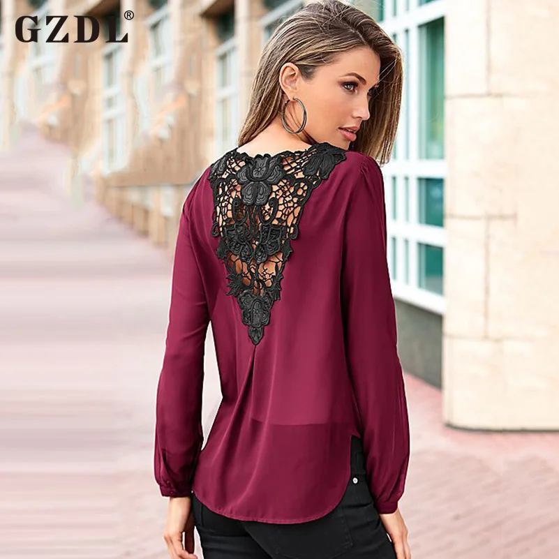 GZDL Women Blouses Long Sleeve Shirt Lace Casual Ladies
