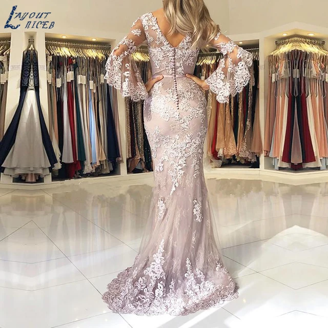 LAYOUT NICEB Flared Tank Sleeves Mermaid Evening Dresses Lace Formal Prom Party Gown suknie wieczorowe Backless robes de soirée 2