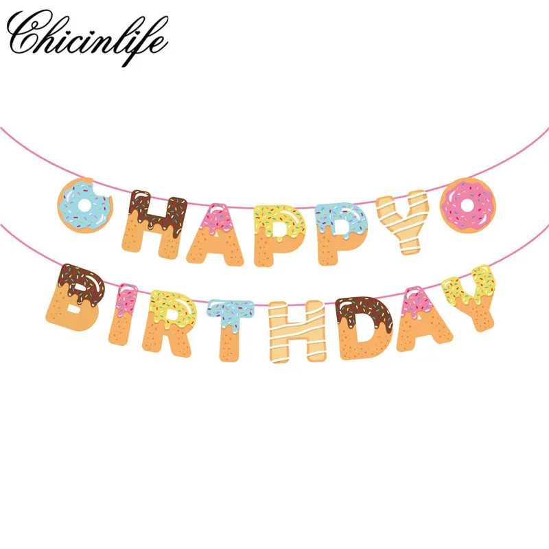 Chicinlife 1Set Donut Time Happy Birthday Bunting Banner Party Kids Baby Shower Photo Booth Props Decoration Supplies | Дом и сад