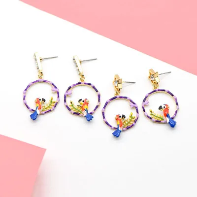 

Enamel glaze purple wreath bird flower earrings fashion five-star women jewelry earrings