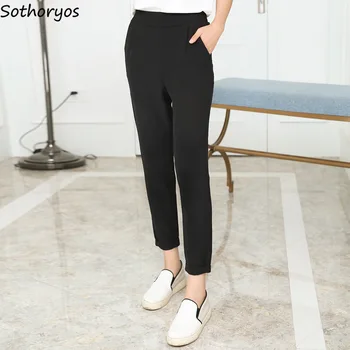 

Pants Women Solid Korean Elastic Waist Trendy Simple All-match Student Harajuku Ankle-Length Trousers Womens Comfortable Soft