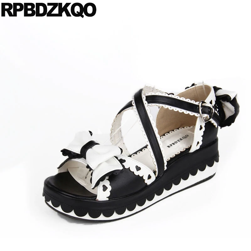 11 Black And White Women Wedge Platform Sandals Strap Kawaii Bow Cute Lolita Flatform Shoes Blue Open Toe Large Size Bowtie