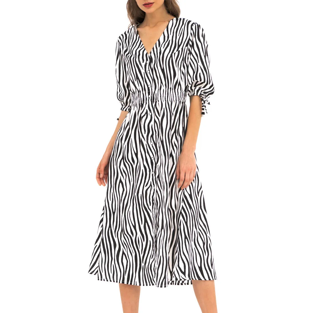 

Feitong Geometric Stripe Long Dress Women V-Neck High Waist Dresses Minimalist Office Lady Short Sleeve Casual Dress Workwear