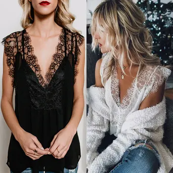 

Sexy Lace Top Women Sleeveless V Neck Tank Tops Black Lace Casual Plain Summer Lady Camisole Shirts