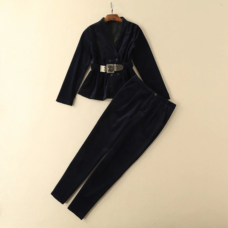 RG Elegant Velvet Blazer Trousers Suits Set Brand Designer Business Office Wear Women Jacket and Pants Suit 2 Piece Sets 2018