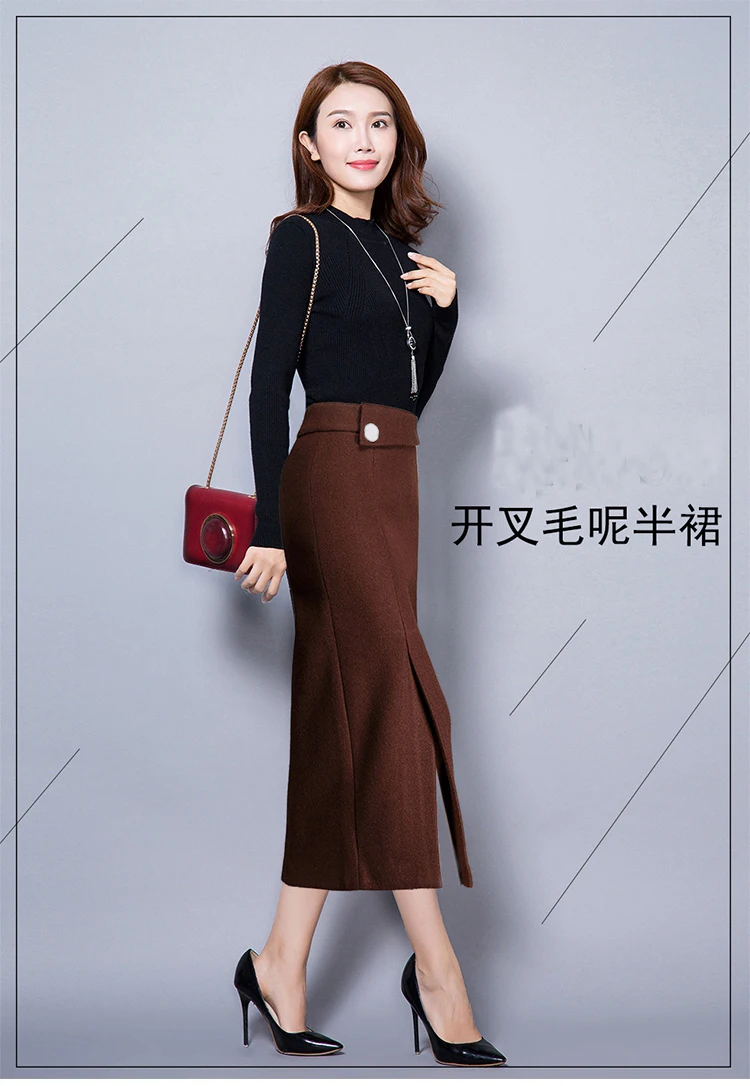 TingYiLi осенне-зимняя шерстяная юбка-карандаш с высокой талией, винтажные женские юбки с разрезом в Корейском стиле, кофейная черная Теплая юбка макси