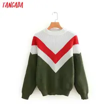 Tangada теплый свитер зимний свитер вязаный свитер три цвета зеленый свитер белый свитер красная полоска длинный свитер оверсайз с О-образным вырезом свитер с длинным рукавом теплый джемпер OZ112