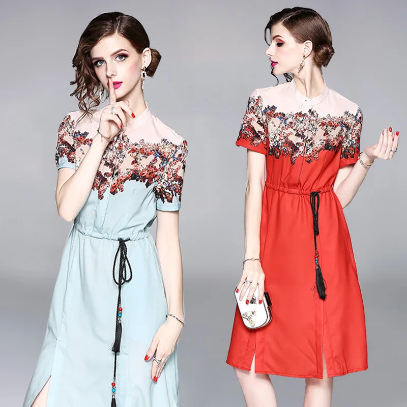 2018 New Autumn European Fashion Print dress Vintage Floral Print Patchwork Short Sleeve Casual Dress With Beaded Belt
