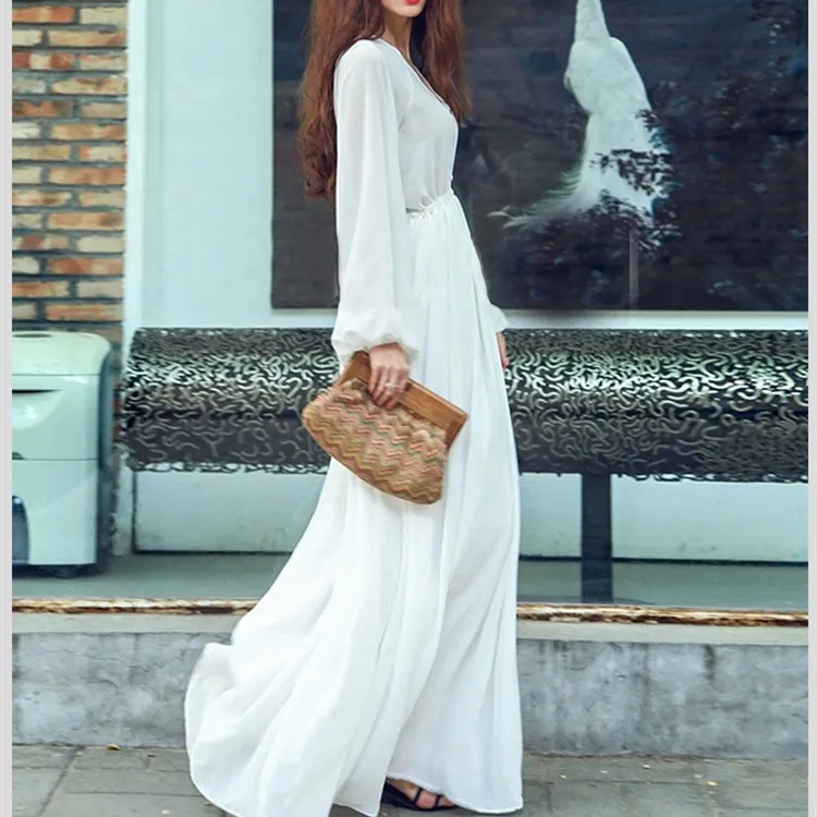 

2019 Women Bohemian Lantern Sleeve Summer Dress V-Neck Sexy Solid Maxi Dress Casual Chiffon Beach Dress