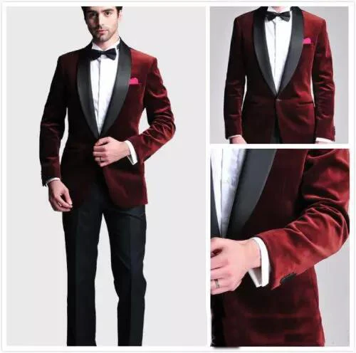 

Burgundy Velvet Slim Fit 2018 Groom Tuxedos Wedding Suits Custom Made Groomsmen Best Man Prom Suits Black Pants (Jacket+Pants