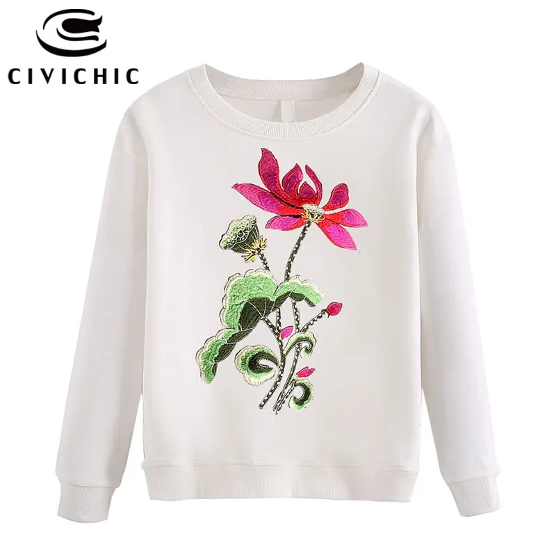 

CIVICHIC Stylish Women Floral Embroidery T-shirt Lotus Flower Patched Pullover Vintage Cotton Tops Wear Thicken Loose Tees WLT20