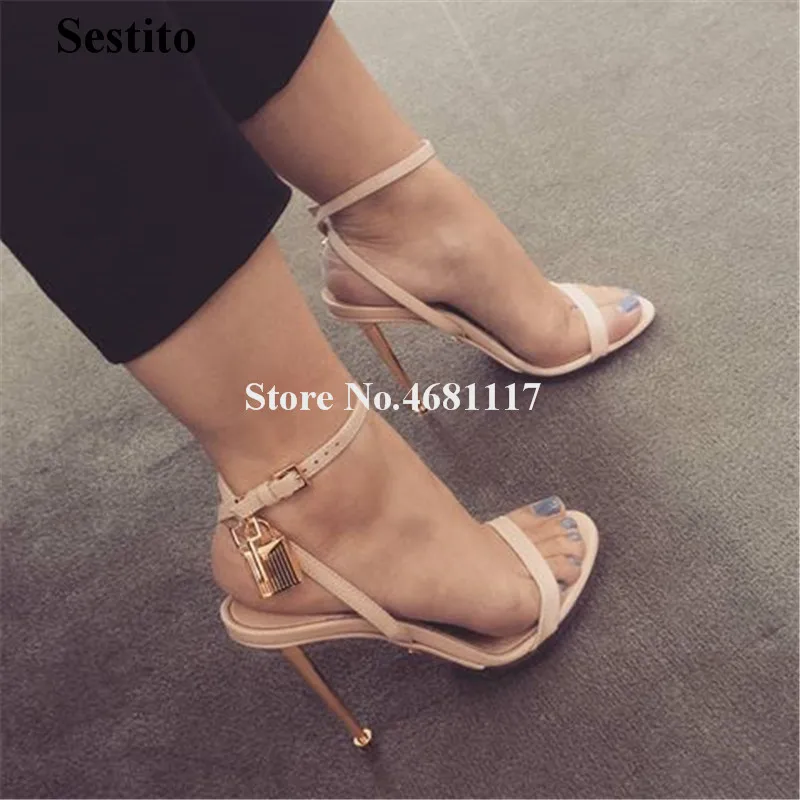 

Women Brand Design Open Toe One Strap Stiletto Metal Heel Sandals Gold Locks Ankle Strap High Heel Sandals Club Dress Shoes