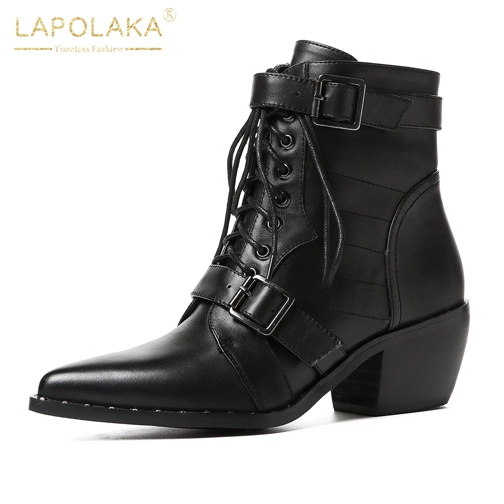 

Lapolaka New Cow Leather plus Size 34-42 Dropship Pointed Toe Chunky Heels Boots Woman Shoes Ankle Boots Shoes Woman