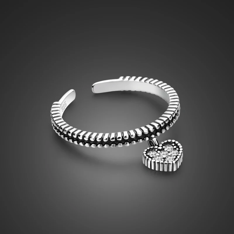 

Vintage Style Girly Charm 925 Sterling Silver Ring Heart Pendant Solid Silver Ring Opening Design Adjustable Size free shipping