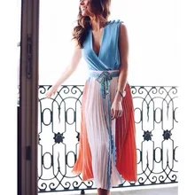 Новое поступление, Высококачественная Женская милая одежда года, модная плиссированная юбка до середины икры с бантом в стиле пэчворк и высокой талией