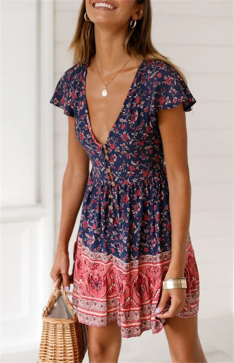 Gladiolus Fashion Summer Women Dress Short Sleeve Button Deep V Neck Sexy Floral Print Mini Boho Dress 2019 Ladies Beach Dresses (31)