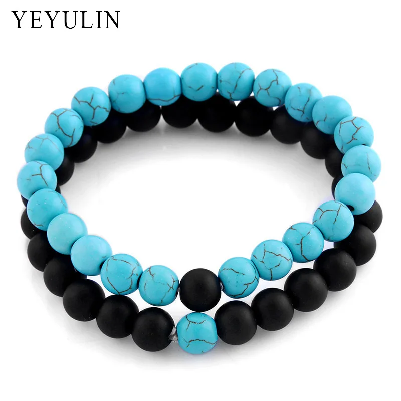 

2pcs Natural Green Black Stone Beaded Lover's Bracelet For Couple Valentine's Day Jewelry Gift