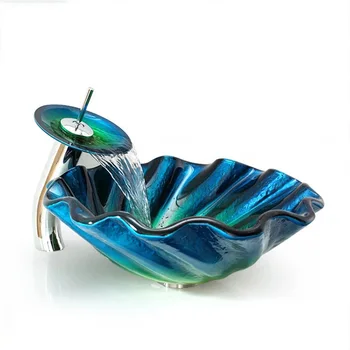

Toughened Glass Washbasin Podium Bathroom Abnormity Art Washbasin Basin Sanitary Ware glass bowl sink blue