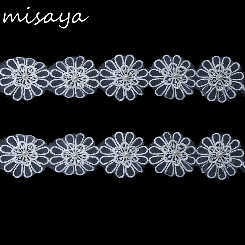 Misaya 1Y Double Flower Lace Fabric With Imitation Pearl DIY Handmade Weeding Accessories Decorated Ribbon Trim Diameter 5.5cm | Дом и сад
