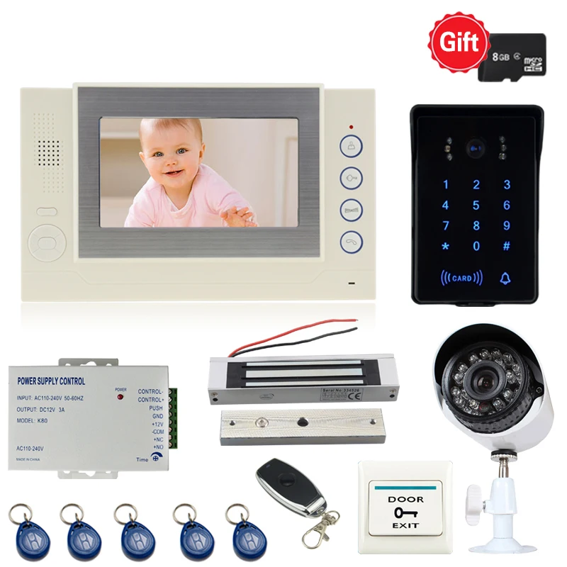 

JEX 7`` Video DoorPhone Doorbell Intercom system kit Record Monitor + RFID Access COMS Camera + CCTV Camera +180kg Magentic lock