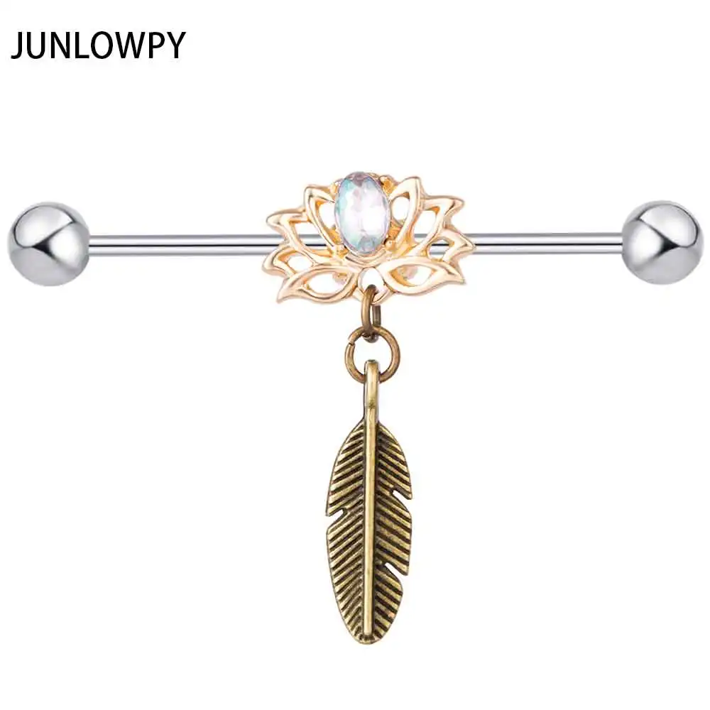

JUNLOWPY 2PCS Lotus Ear Barbell Scaffold Industrial Ear Cartilage Helix Upper Earring 1.6*38 Dangle Industrial Barbell Piercing