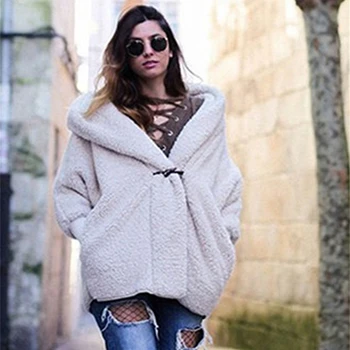

Double-Layer Thick Faux Fur Coat Warm Autumn Winter Cashmere Jacket Beige Color Hooded Loose Teddy Coats Manteau Femme