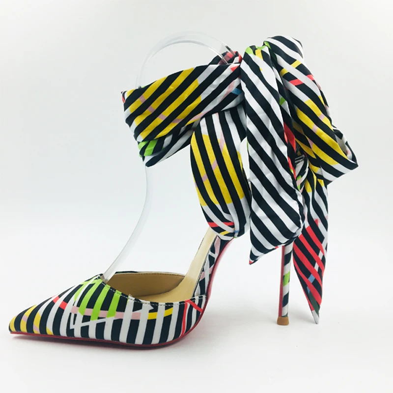 

Colorful Striped Fabric Ankle Straps Pointed Toe Elegant Women High Heels Shallow Sexy Customized Height Women Dress Sandals Sh