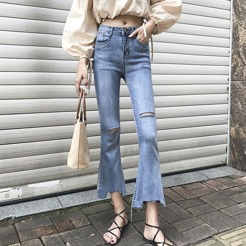 2019 modis spring summer Slim high waist sexy irregular ladies jeans Wide leg pants Korean nine bell bottom mom jeans women 2019 modis spring summer Slim high waist sexy irregular ladies jeans Wide leg pants Korean nine bell bottom mom jeans women