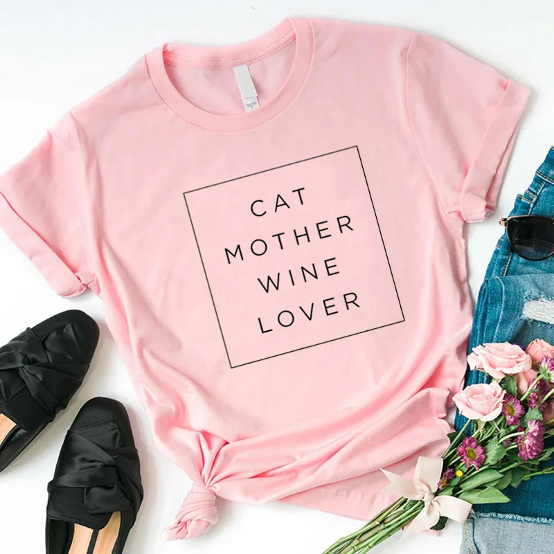 С котом для мамы винного любовника футболка размера плюс Забавные футболки с графикой женская одежда Лето кота футболка "Мама" Модные Топы Прямая