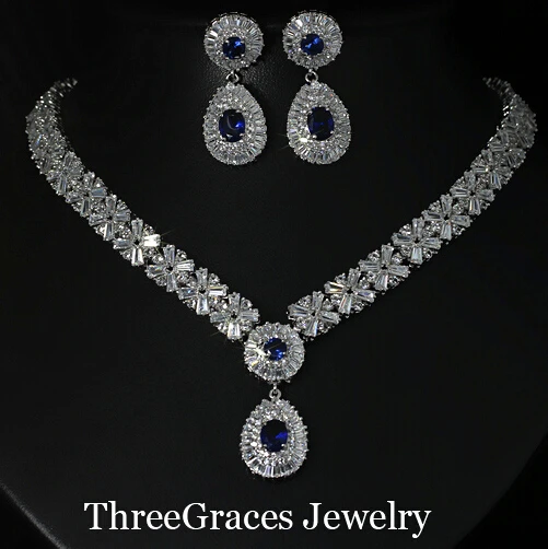ThreeGraces Gorgeous Silver Color CZ Large Royal Blue Water Drop Necklace Earrings African Jewelry Sets For Brides JS029