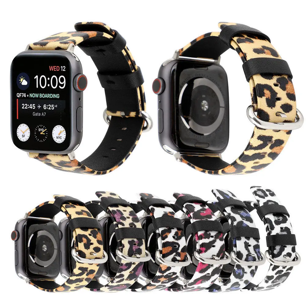 Леопардовый кожаный ремешок для Apple Watch 6 Band 44 мм 42 40 38 мужской/женский модный