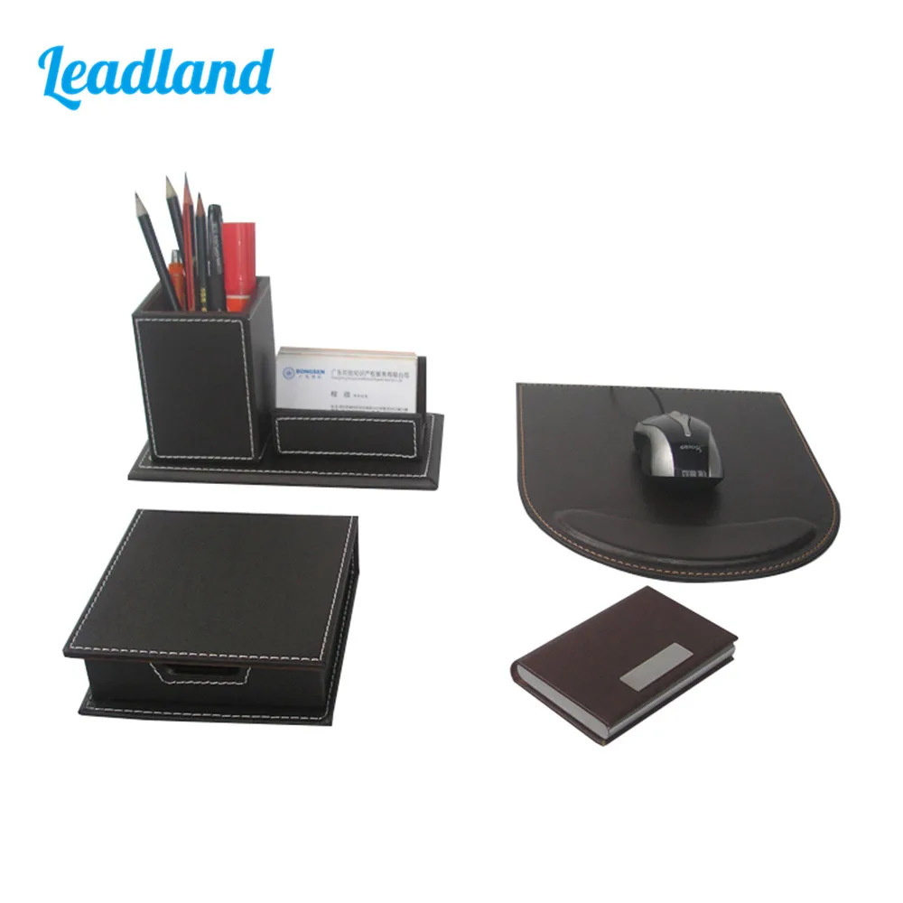 Kingfom Desk Organizer Set Office Accessories Stationery Storage Box PU Leather Card Holder Mouse Pad Pen Box
