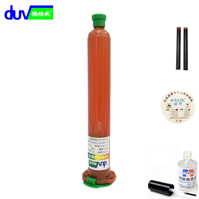

0.05mm x 100m Golden Cutting Wire + 50g tp-2500 lcd glue LOCA UV glue + Glue Remover Dispergator Screen glue + handles