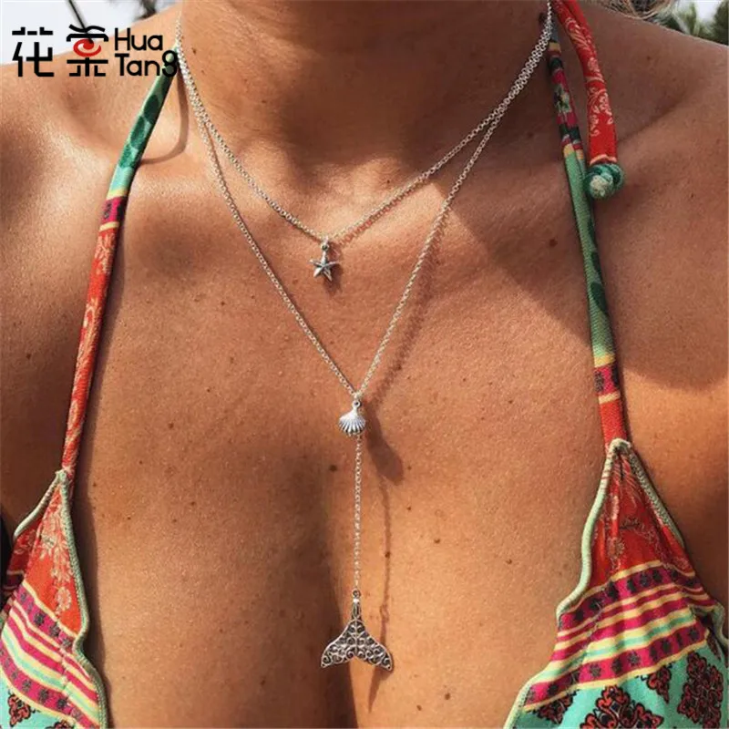 

HuaTang Silver Shell Starfish Fish Tail Chain Choker Boho Necklace for Women Layered Charm Pendant Long Necklace Jewelry 5602