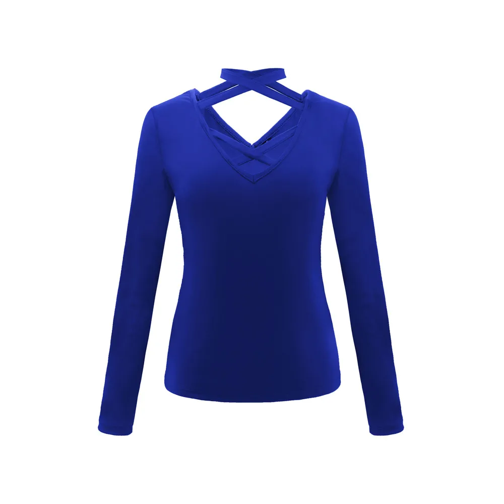 Модная женская футболка, женские сексуальные топы с v-образным вырезом и длинным рукавом, футболка с крестиком, Женская Повседневная футболка Mujer/PY - Цвет: Синий