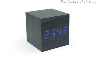 

New black with blue led lightImitation Wooden Clock Brown LED Digital Alarm with Thermometer Vioce&Touch Activated