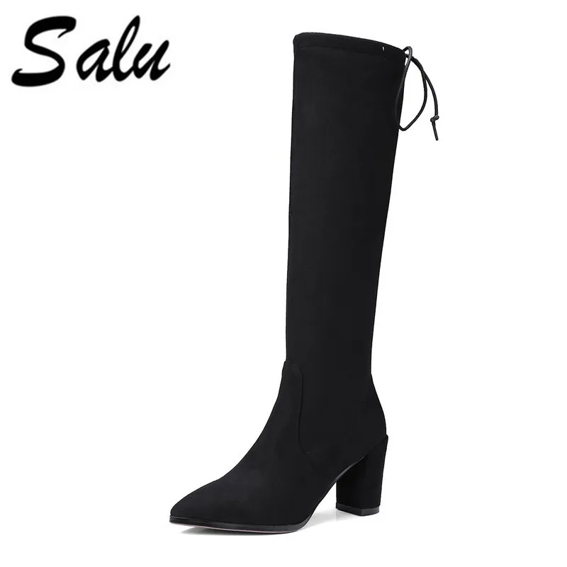 

Salu New cow suede leather high boots high heels shoes woman black suede leather Spring/Autumn zipper 35-40 size