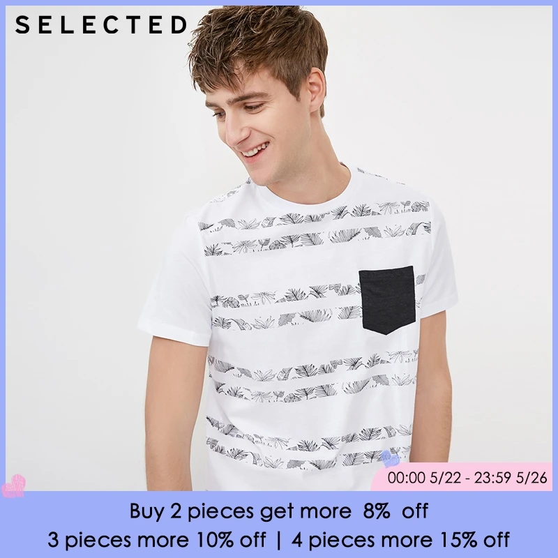 

SELECTED Spring & Summer Men T shirt O-neck 100% Cotton Botanic Print T-shirt Men | 4182T4572