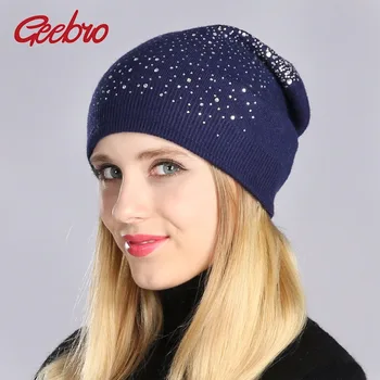 

Geebro Brand New Women's Beanie Hat Casual Knitted Beanie For Women Shine Rhinestones Beanies Balaclava Bonnet Cap Female GS056