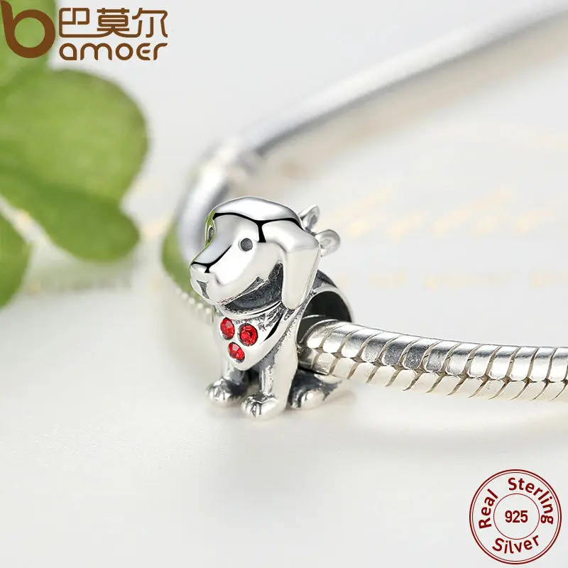 BAMOER 925 Sterling Silver Dog Animal Beads Charms With Red Created Stone for DIY Bracelet Jewelry Making Baby Gift SCC016