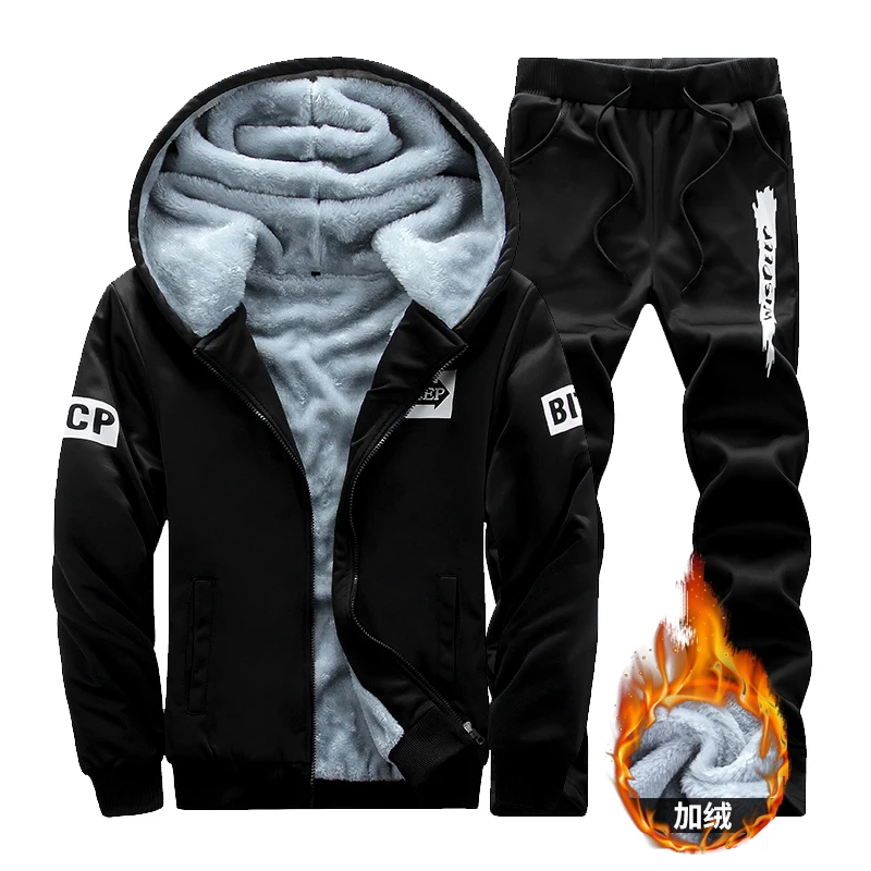 Gustomerd 2016 New Winter Plus Velvet Suit Men Hoodies Warm Thicken Slim Fit Sporting Suit Mens