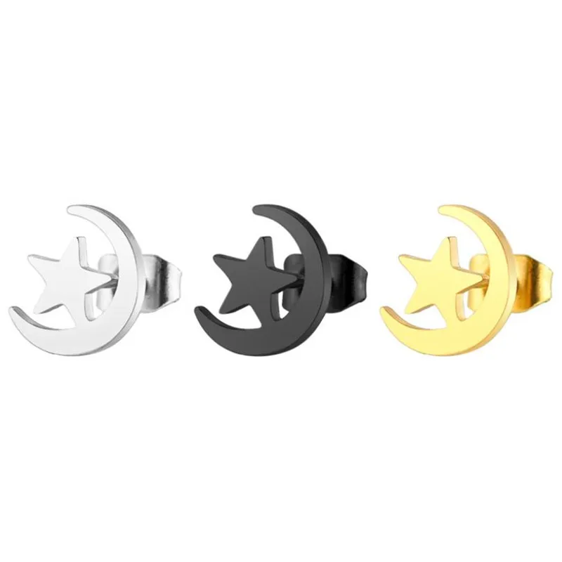 

PE042 Titanium Stud Earrings Brief Star Moon Design For Women Men 316l Stainless Steel Earring IP Plating No Fade Allergy Free