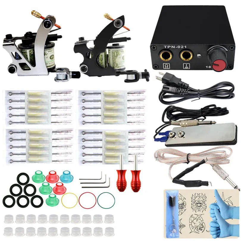 Tattoo Machine Professional Complete Tattoo Kit 2Pcs Pro Coil Machine Guns Power Supply Foot