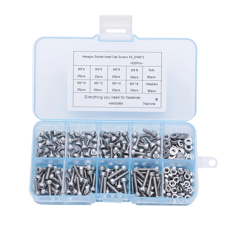 320Pcs/set DIN912 M2 M2.5 M3 304 Stainless Steel Hexagon Socket Head Cap Screws Bicycle Hex Bolts Assortment Kit HW003 320Pcs/set DIN912 M2 M2.5 M3 304 Stainless Steel Hexagon Socket Head Cap Screws Bicycle Hex Bolts Assortment Kit HW003